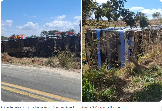 Bebê e mais quatro pessoas morrem em acidente entre caminhão, ônibus e dois carros na GO-010, dizem Bombeiros