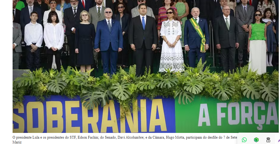 Lula participa do desfile do 7 de Setembro com Fachin, Motta e Alcolumbre, mas ala do STF mais próxima ao presidente falta